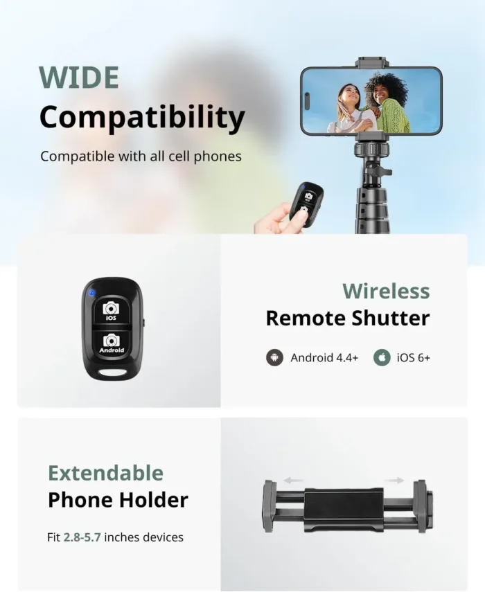 SENSYNE 62" Phone Tripod & Selfie Stick, Extendable Cell Phone Tripod Stand with Wireless Remote and Phone Holder, Compatible with iPhone Android Phone, Camera - Image 7