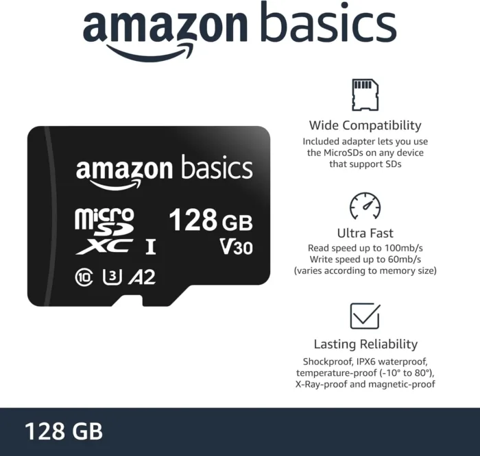 Amazon Basics Micro SDXC Memory Card with Full Size Adapter, A2, U3, Read Speed up to 100 MB/s, 128 GB, Black