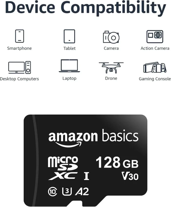 Amazon Basics Micro SDXC Memory Card with Full Size Adapter, A2, U3, Read Speed up to 100 MB/s, 128 GB, Black
