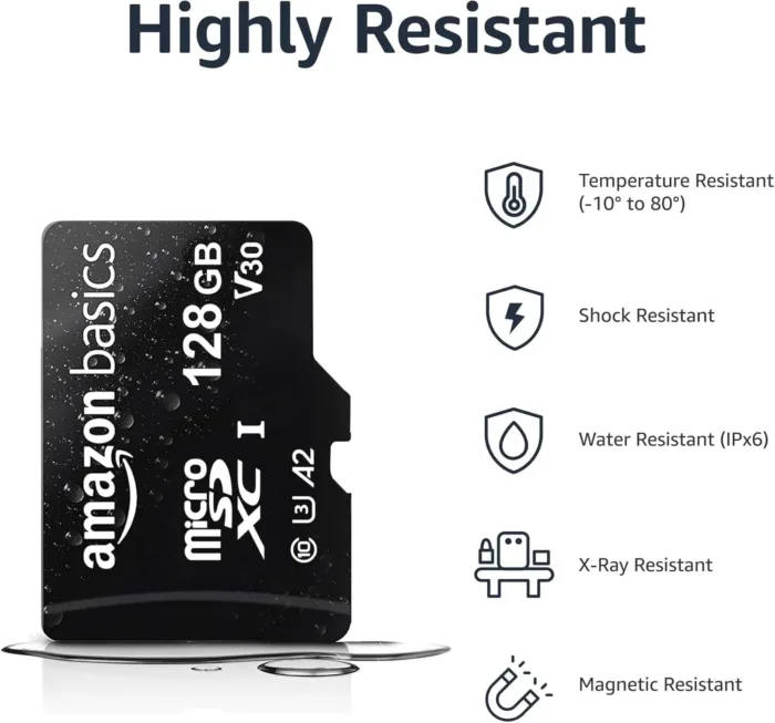 Amazon Basics Micro SDXC Memory Card with Full Size Adapter, A2, U3, Read Speed up to 100 MB/s, 128 GB, Black