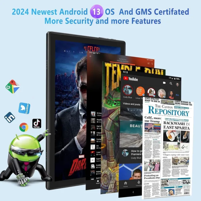 2025 Android Tablet with Keyboard 12GB RAM 128GB ROM 1TB Expand, Octa-Core, 8000mAh 10 Inch Android 13 Tablets with 5G+2.4G WiFi, HD IPS Touchscreen, Case, Mouse, GPS, Split Screen, Metal Body -Blue