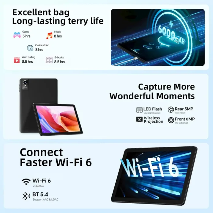 2024 New Tablet 10 inch Android 14 Tablets, 10(4+6)GB RAM+128GB ROM+1TB Expand, Octa-Core 2.0GHz, 1280 * 800 IPS Incell Display, 6000mAh, 5MP+8MP Camera, 5G+2.4G Wi-Fi/Bluetooth 5.4, Widevine L1