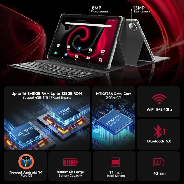 2025 Latest 11 inch Tablet, Android 14 Tablets with 16GB RAM 128GB ROM 1TB Expandable, Dual 4G Tablet with Keyboard, 8000mAh Battery, Octa-Core Tableta with 21 MP Camera, 11" Incell HD Tablets