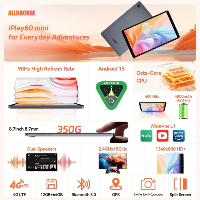 ALLDOCUBE Android 15 Tablet, 8.7" iPlay 60 Mini Tab, 90Hz Reflex, 400Nits, Octa-Core CPU, Widewine L1, Dual Speakers, 4000mAh, 4G LTE+2.4G/5G WiFi+BT 5.0, GPS, 800×1340HD, 12GB+64GB(512GB TF)