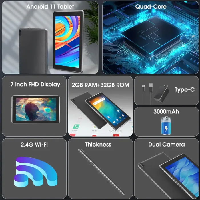7 inch Tablet, Android 11 Tablet with, 2GB+32GB+1TB (Expand), Quad-Core, BT, Wi-Fi, Educational, Music, Dual Camera
