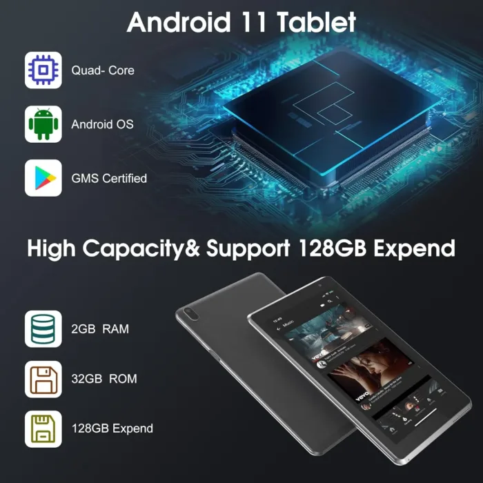 7 inch Tablet, Android 11 Tablet with, 2GB+32GB+1TB (Expand), Quad-Core, BT, Wi-Fi, Educational, Music, Dual Camera