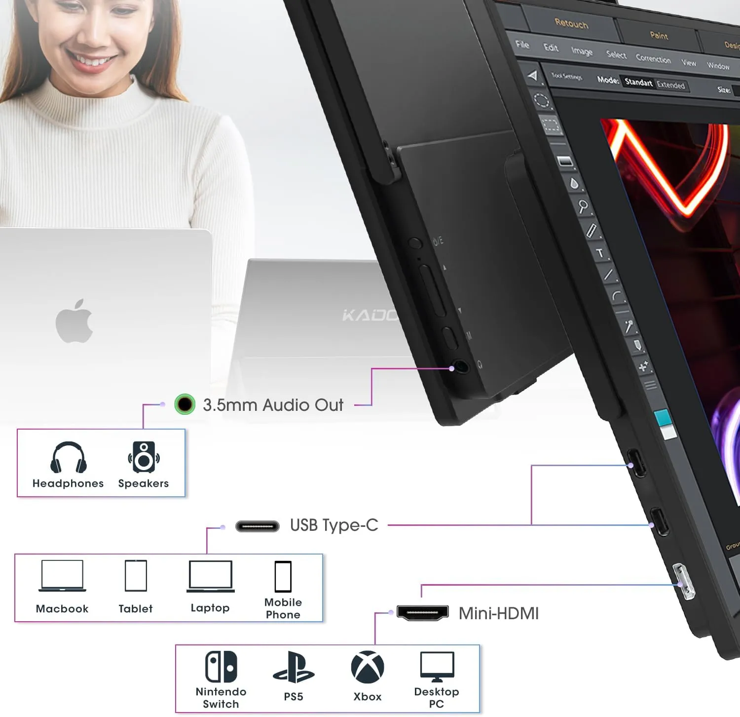 Kado Dual Portable Monitor Setup - 2-Pack 15.6" FHD for Laptop, 1920x1080 IPS HDMI USB Type-C Screen Extender, Built-in Speakers, Stacked Setup for Office Gaming Daytrading - Image 6