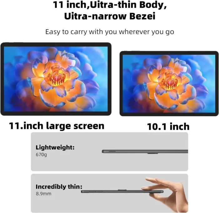 2025 Upgraded Android 14 Tablet 11inch, 12GB+128GB+512GB, Support Face Unlock,18W Fast Charging with 8000mAh Large Battery ,Dual WiFi6, Dual Camera,Octa-Core CPU, Bluetooth,HD Touchscreen Display