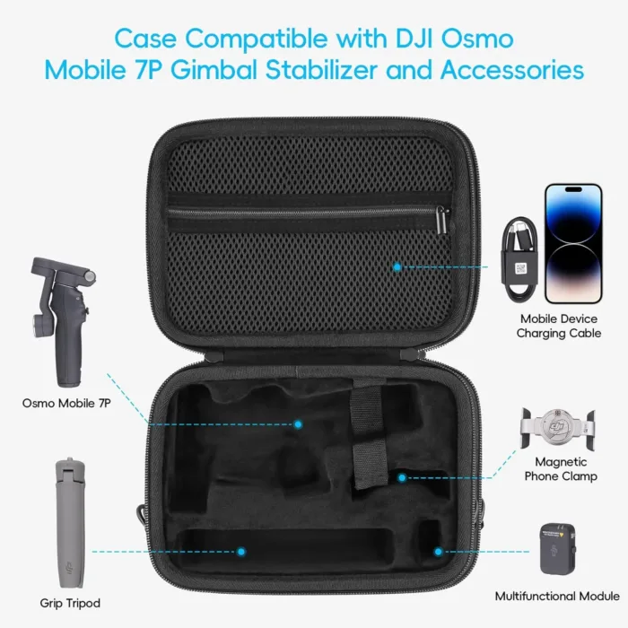 co2CREA Osmo Mobile 7P/7 Gimbal Stabilizer Hard Case - Waterproof Travel Storage Box with Custom Foam Insert & Mesh Pocket for DJI OM Mobile 7P Smartphone Gimbal, Accessories, Cables (Black Case)