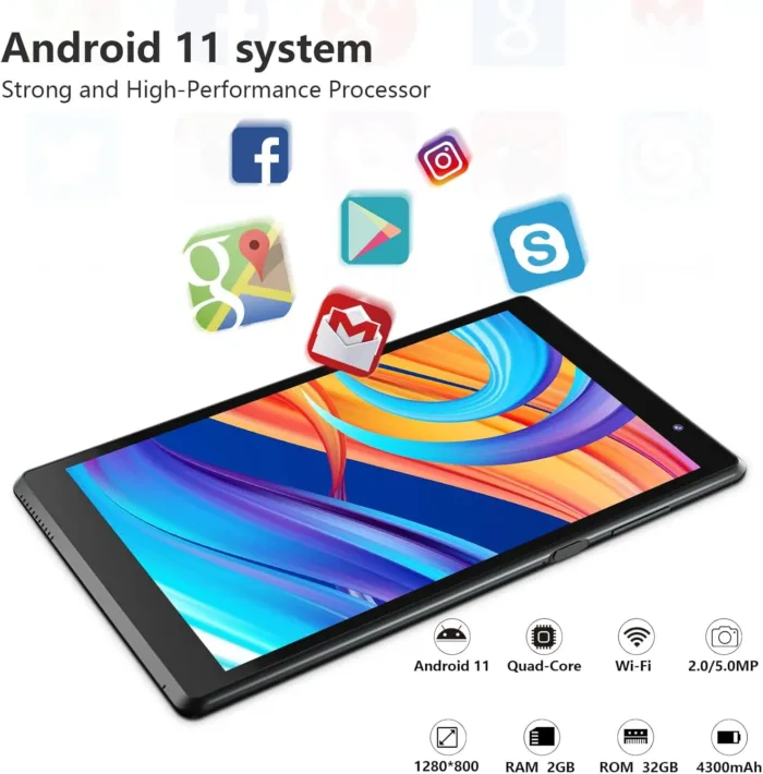 8 inch Android 11 Tablet, 2GB RAM+32GB ROM 1TB Expandable, Quad-core 1.6Ghz Processor Tablet PC, 1280 * 800 IPS HD Display 4300mAh Battery, 2MP+5MP Dual Camera Tableta