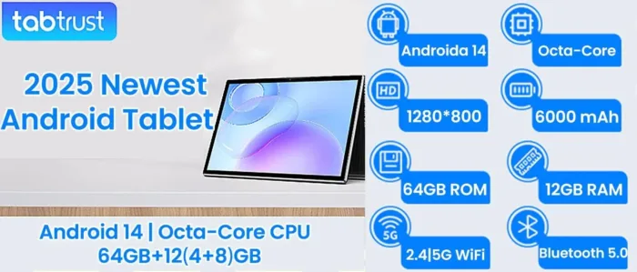 2025 Android Tablet, 10.5 Inch Android 14 Tablet Octa-Core, 12GB RAM+64GB ROM 1TB Expand, 2+8MP Camera, BT5, Tablets PC 2.4/5G WiFi 6,1080 IPS FHD Screen, Tablets Android Gifts for Men Women
