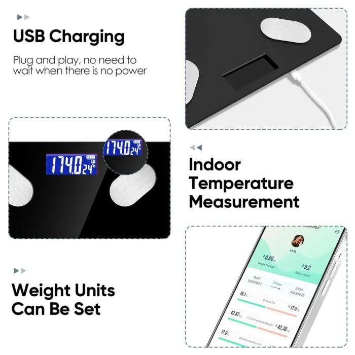 Digital Simple Bathroom Scale, Practical Body Fat Scale with Led Display, Body Composition Analyzer with Smartphone Application (Black)