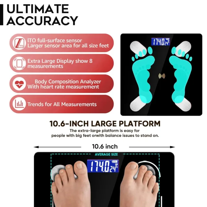 Digital Simple Bathroom Scale, Practical Body Fat Scale with Led Display, Body Composition Analyzer with Smartphone Application (Black)
