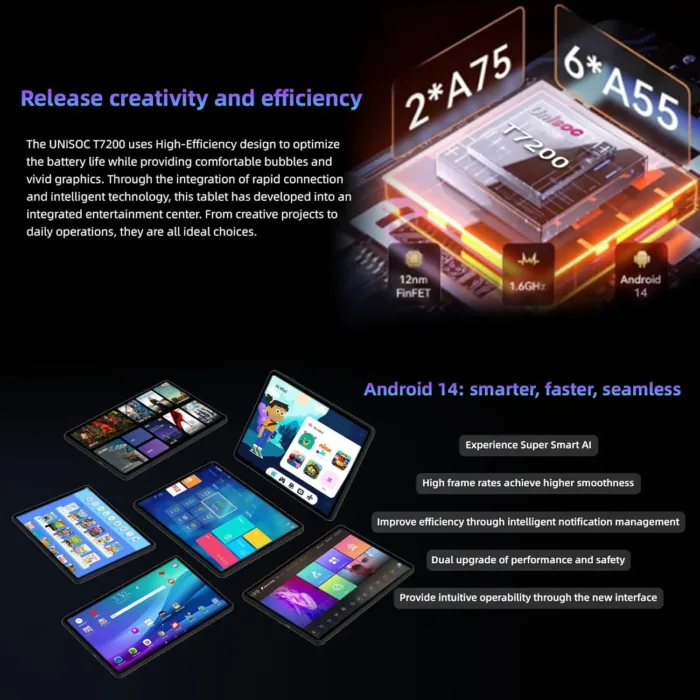 10.1'' Android 14 Tablet, Black, 10GB RAM+64GB ROM, Widevine L1, HD IPS Display, 6000mAh Battery, Dual-Band Wi-Fi, Bluetooth 5.0, 1TB Expandable Storage