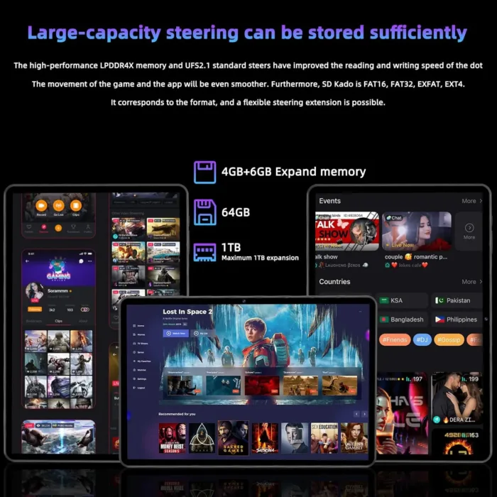 10.1'' Android 14 Tablet, Black, 10GB RAM+64GB ROM, Widevine L1, HD IPS Display, 6000mAh Battery, Dual-Band Wi-Fi, Bluetooth 5.0, 1TB Expandable Storage
