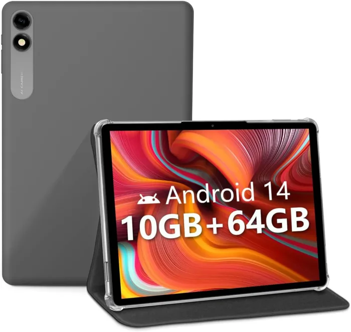 10.1'' Android 14 Tablet, Black, 10GB RAM+64GB ROM, Widevine L1, HD IPS Display, 6000mAh Battery, Dual-Band Wi-Fi, Bluetooth 5.0, 1TB Expandable Storage