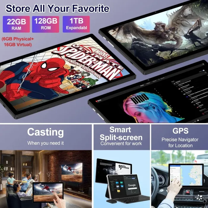 2025 Android 14 Tablet 22GB RAM 128GB ROM 1TB Expand, 10.1 inch 8000mAh Octa-Core Tablet with Keyboard & Mouse, HD IPS Display, 5G Wi-Fi, Bluetooth 5.0, GPS, Widevine L1, Split Screen -Metal Black
