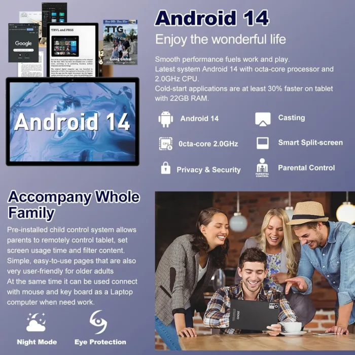 2025 Android 14 Tablet 22GB RAM 128GB ROM 1TB Expand, 10.1 inch 8000mAh Octa-Core Tablet with Keyboard & Mouse, HD IPS Display, 5G Wi-Fi, Bluetooth 5.0, GPS, Widevine L1, Split Screen -Metal Black