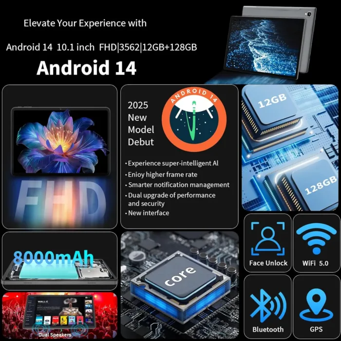 10 Inch Android Tablet, 12GB RAM 128GB Storage (Expandable to 1TB), 5G WiFi, 8000mAh Long Battery Life, Octa-Core Processor, Dual Camera (5MP+8MP), Face Unlock, Black