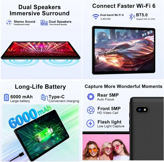 2025 Tablet Android 14 Tablets with 128GB ROM+18GB RAM, 1TB Expand, Powerful Octa-Core, WiFi 6, BT5.0, 6000mAh, Widevine L1, Black
