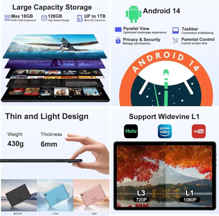 2025 Tablet Android 14 Tablets with 128GB ROM+18GB RAM, 1TB Expand, Powerful Octa-Core, WiFi 6, BT5.0, 6000mAh, Widevine L1, Black
