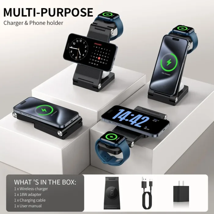 2025 Magnetic Wireless Mag-Safe Charging Station, 3 in 1 Fast Max Charging for iPhone 16 15 14 13 12 Pro Max Plus, Charger Stand for Apple Watch Series & Air pods 4 3 2 Pro, Gifts for Men