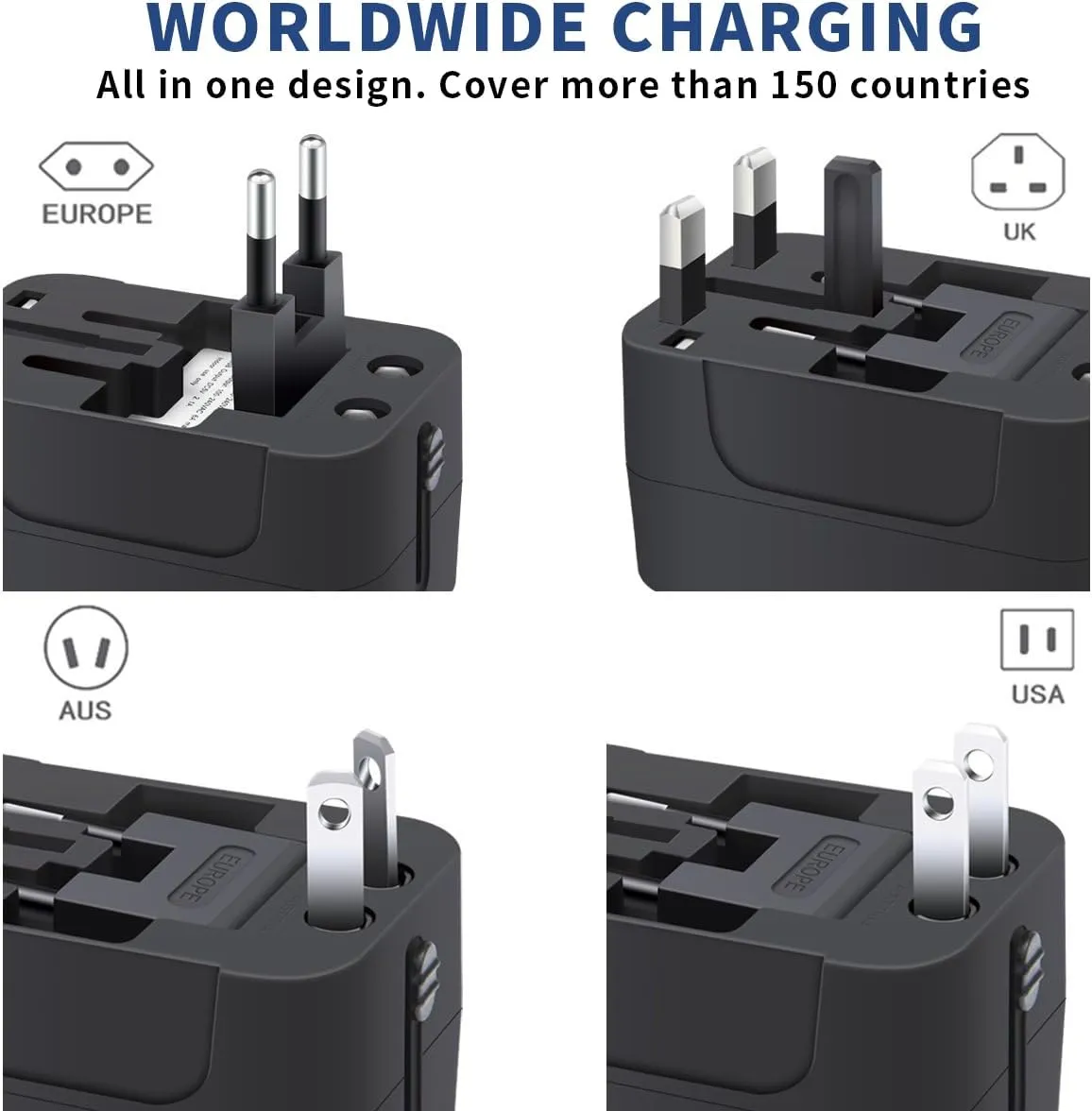 Travel Adapter with USB C, Universal All in One Worldwide Travel Adapter Power Converters Wall Charger AC Power Plug Adapter USB Type C Charging Ports for USA EU UK AUS Black - Image 4