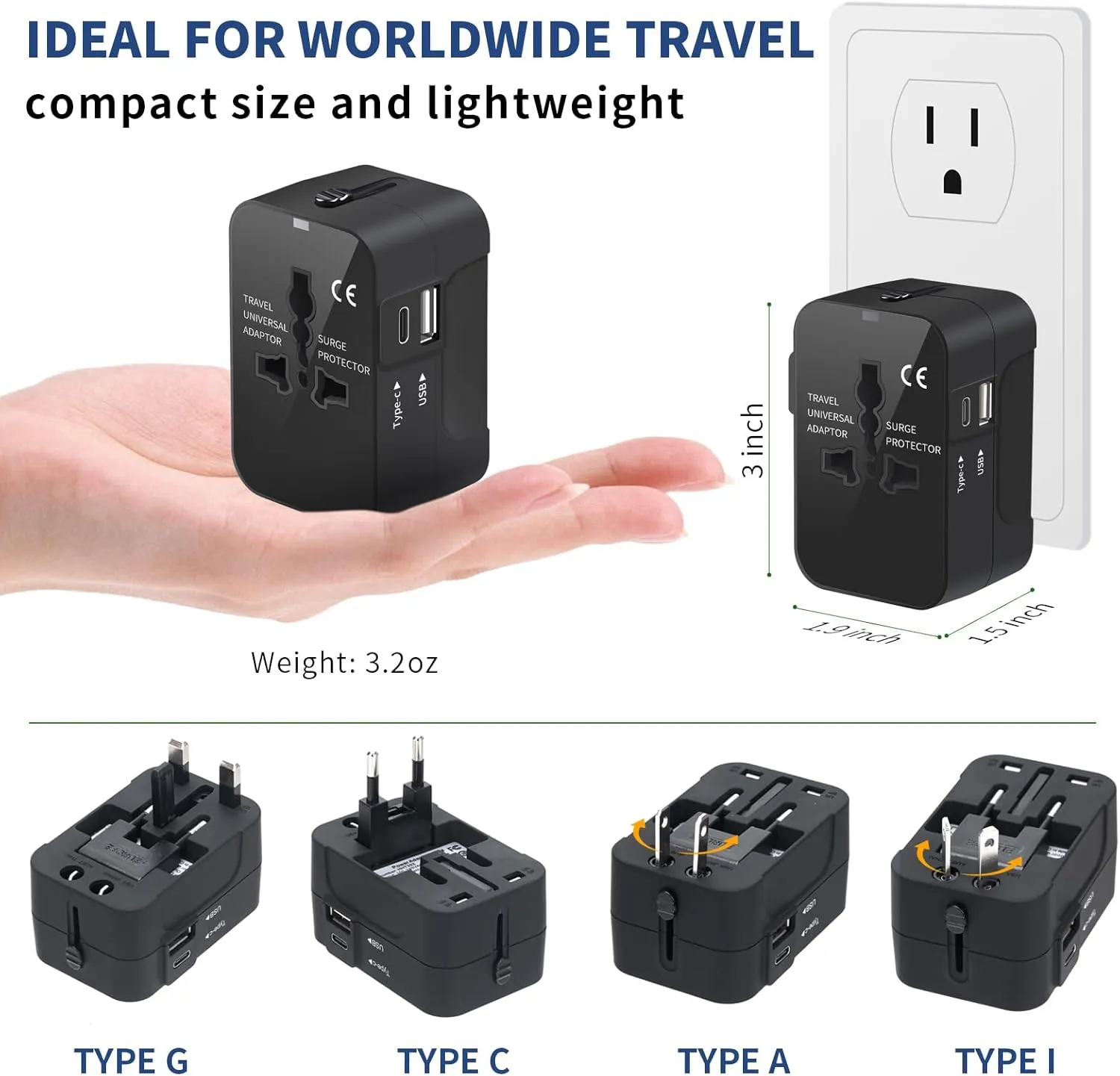 Travel Adapter with USB C, Universal All in One Worldwide Travel Adapter Power Converters Wall Charger AC Power Plug Adapter USB Type C Charging Ports for USA EU UK AUS Black - Image 6
