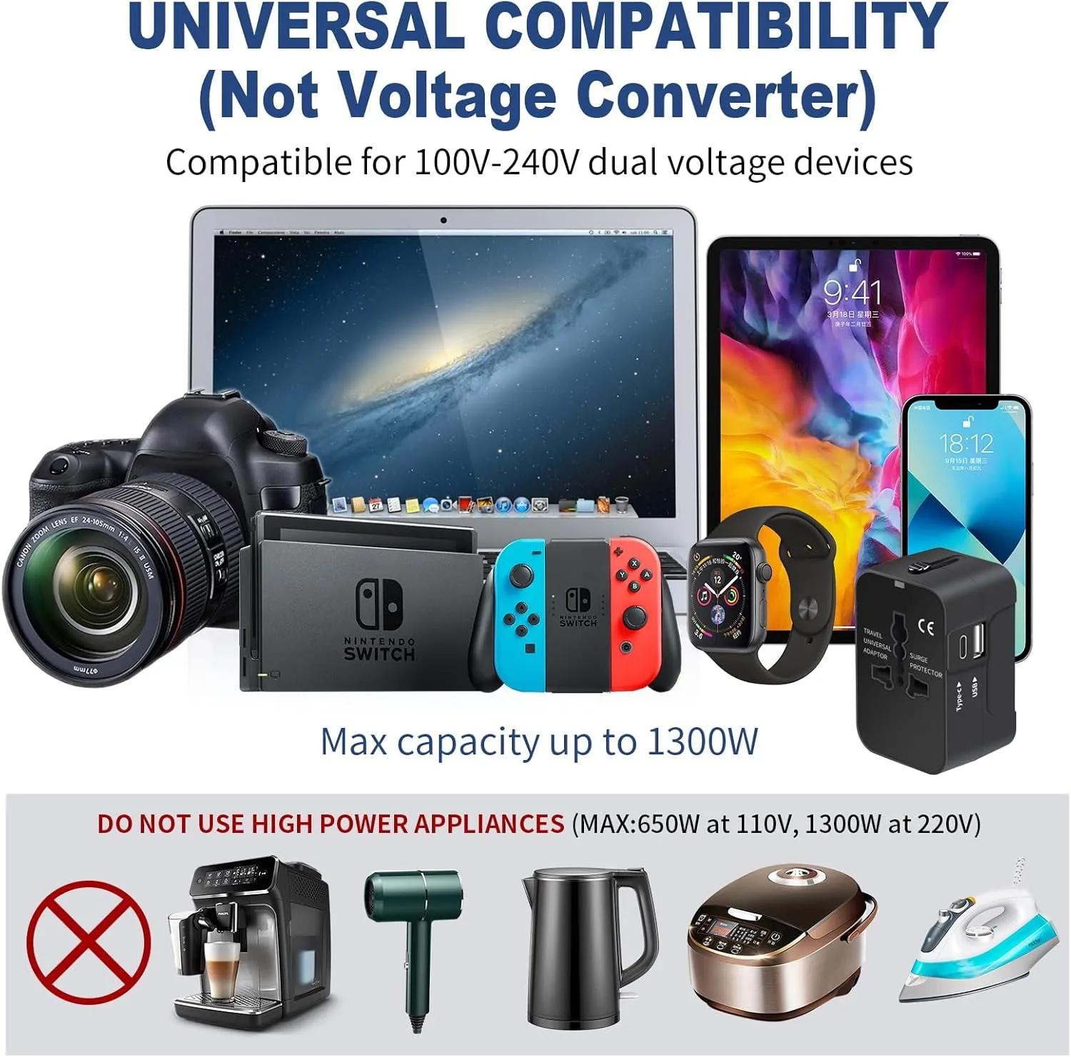 Travel Adapter with USB C, Universal All in One Worldwide Travel Adapter Power Converters Wall Charger AC Power Plug Adapter USB Type C Charging Ports for USA EU UK AUS Black - Image 8