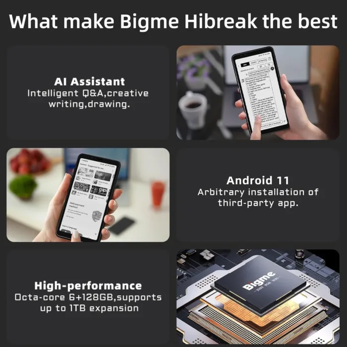 Bigme E-Ink Screen Mobile Hibreak, 6G+128GB Android 11 Smartphone, 36-Level Front Light, 3300mAh Battery, 5+13MP Camera - Black and White