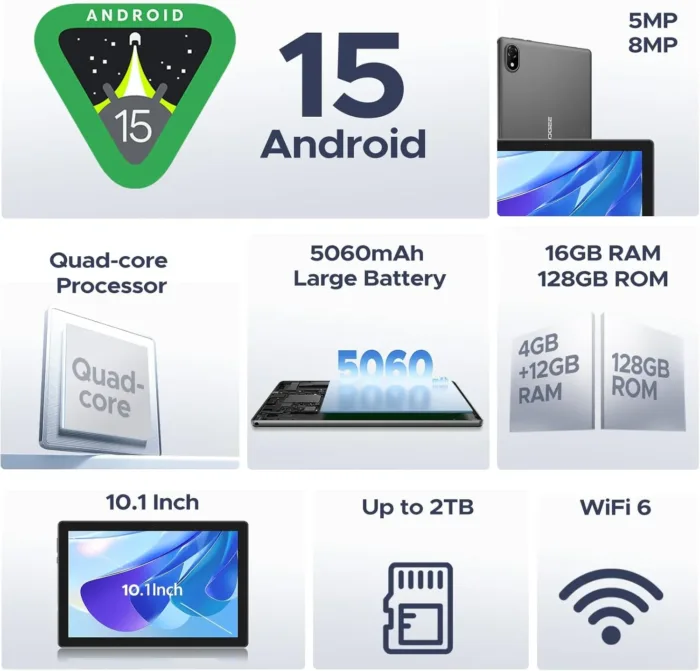 DOOGEE U10 10 inch Tablet with Keyboard, Android 15 Tablet 16GB+128GB/2TB Expand, 2.0GHz Quad Core Gaming Tablets,5060mAh,1280x800 IPS HD Touchscreen,WiFi 6,Dual Camera,BT5.0,Widevine L1,Purple