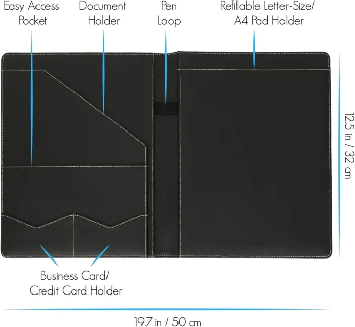 STYLIO Padfolio Portfolio Organizer Binder | Interview Resume Folder, Legal Document, Business Card Holder |w/Letter-Sized Notepad | Handsome Piano Noir Faux Leather Folio Matte Finish, Accent Stitch - Image 4