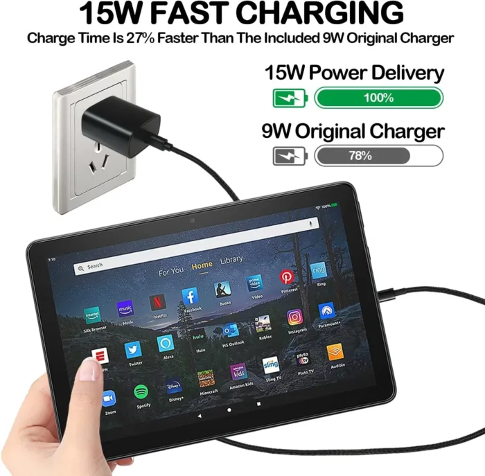 15W Fast Charger for Kindle Fire Tablet (9-13th) with 6.6Ft Type-C Cable for fire HD 8 10 11 Max(Plus/Kids/Kids Pro) All-New Kindle/Kids/Paperwhite/Scribe E-Reader(11th)