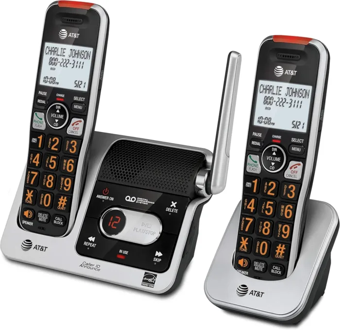 AT&T BL102-2 DECT 6.0 2-Handset Cordless Phone for Home with Answering Machine, Call Blocking, Caller ID Announcer, Audio Assist, Intercom, and Unsurpassed Range, Silver/Black