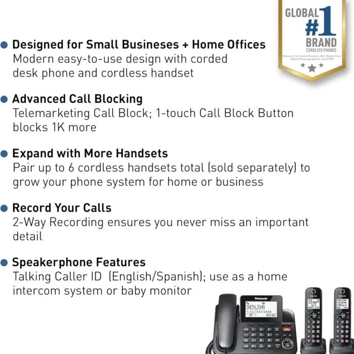 Panasonic Corded/Cordless Phone with Advanced Call Block, 2-Way Recording and Digital Answering Machine, 2 Handsets Expandable up to 6 Cordless Handsets - KX-TGF852B (Black) - Image 3