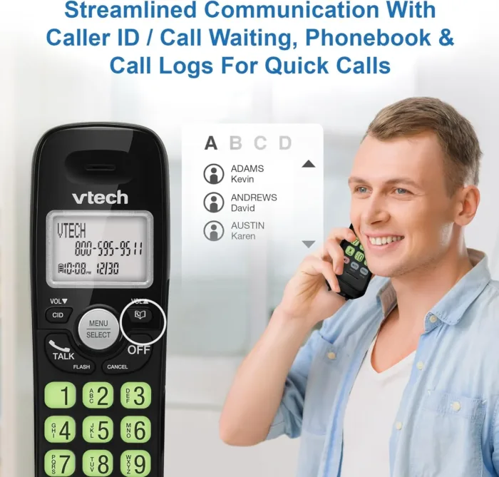 [New] VTech VG131-11 DECT 6.0 Cordless Phone - Bluetooth Connection, Blue-White Display, Big Buttons, Full Duplex, Caller ID, Easy Wall Mount, 1000ft Range (Black)