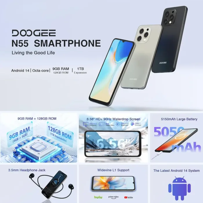 DOOGEE N55 Unlocked Cell Phone(2025), 9GB RAM+128GB ROM/1TB Android Phone, 90Hz+6.56" HD Android 14 Phone, 5150mAh, Octa Core, 13MP+8MP, 4G Dual SIM,Face Unlock,Widevine L1,OTG, T-Mobile(Natural)