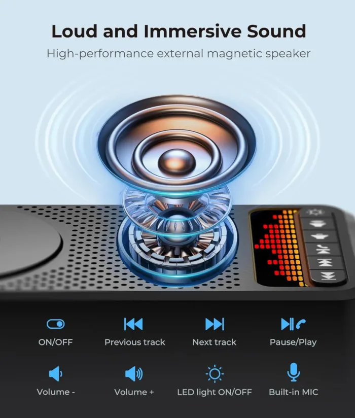 Bluetooth Speaker with Cell Phone Stand, Crystal-Clear Sound with Powerful Bass, Adjustable Holder & Dynamic LED Lights, 5000mAh Battery for 20 Hours Playtime & Power Supply, Gift for Parents
