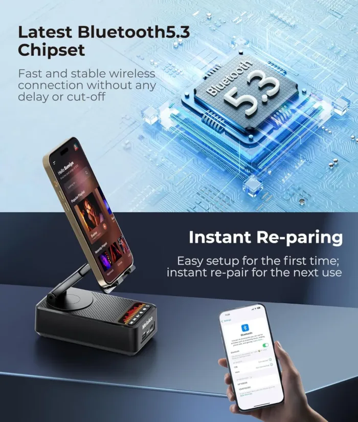 Bluetooth Speaker with Cell Phone Stand, Crystal-Clear Sound with Powerful Bass, Adjustable Holder & Dynamic LED Lights, 5000mAh Battery for 20 Hours Playtime & Power Supply, Gift for Parents