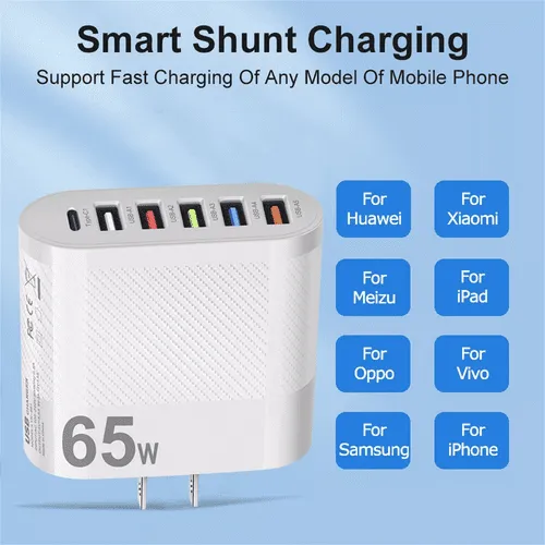 65W Super Fast Charge Wall Charger Adapter 5 USB Port + Type C Charger wholesale