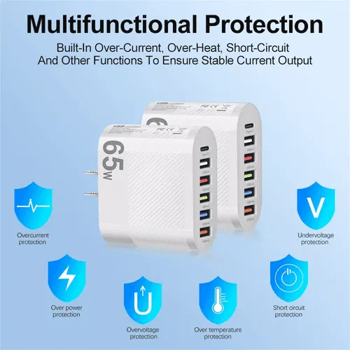 65W Super Fast Charge Wall Charger Adapter 5 USB Port + Type C Charger wholesale