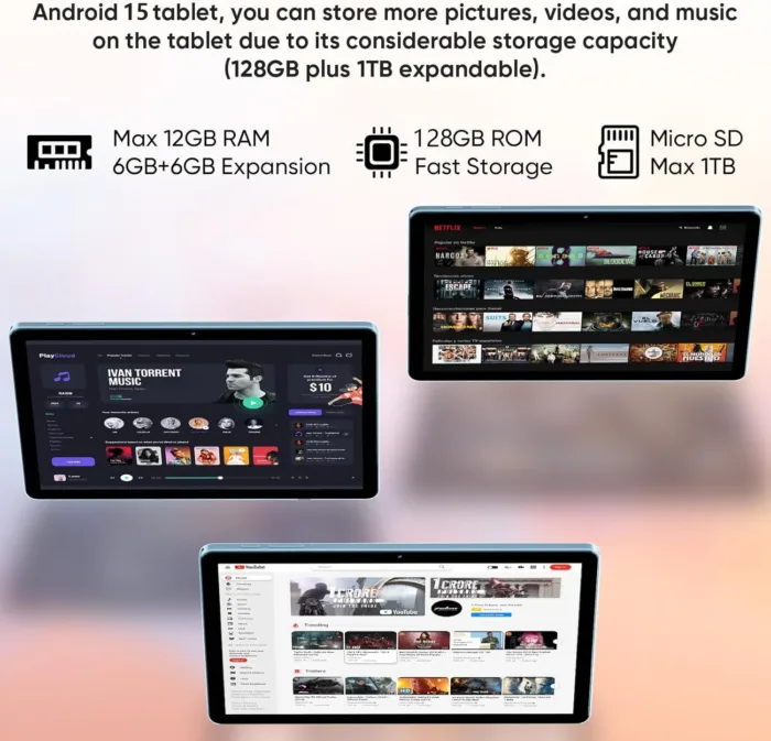2025 Android 15 Tablet 11inch, 12GB+128GB+512GB, Support Face Unlock,18W Fast Charging with 8000mAh Large Battery,Dual WiFi6, Dual Camera,Octa-Core CPU, Bluetooth,HD Touchscreen Display