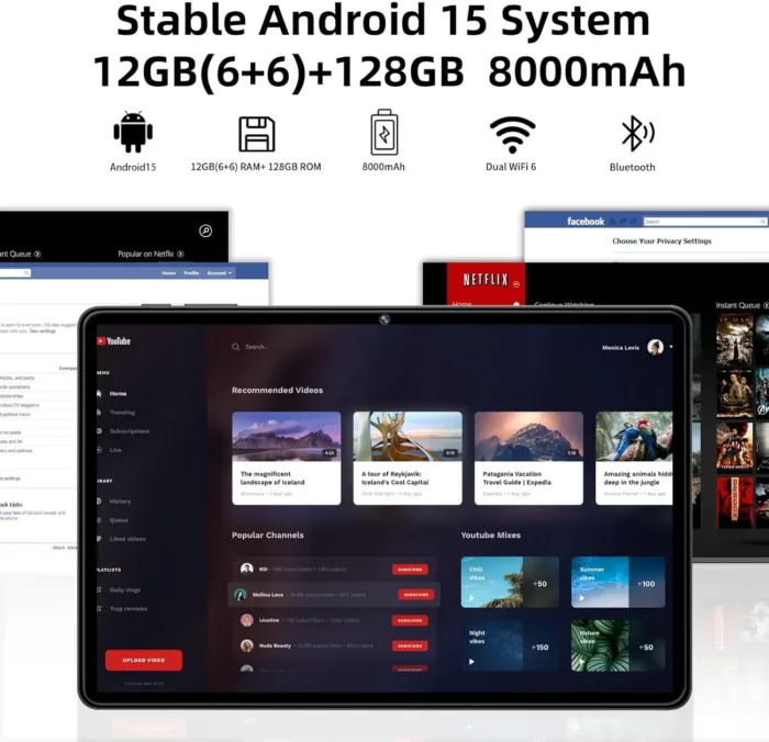2025 Android 15 Tablet 11inch, 12GB+128GB+512GB, Support Face Unlock,18W Fast Charging with 8000mAh Large Battery,Dual WiFi6, Dual Camera,Octa-Core CPU, Bluetooth,HD Touchscreen Display