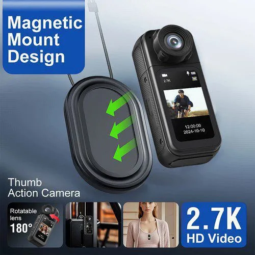 2.7K Thumb WiFi Action Camera, Wearable Body Camera Hands-Free POV Recording