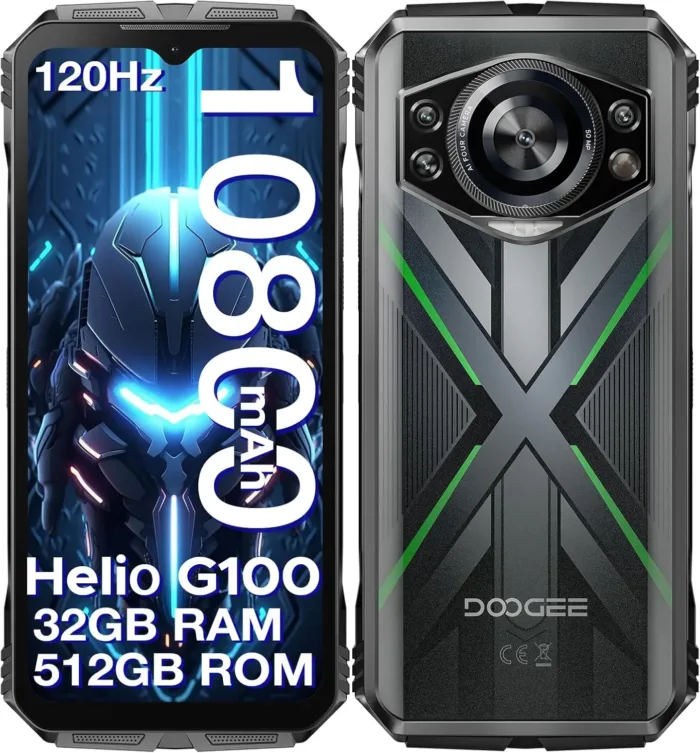 DOOGEE S Cyber Pro Rugged Phone, 10800mAh Android 14 Rugged Smartphone, 32GB+512GB, Helio G100 Octa Core Gaming Phones, 6.6" FHD+ 120Hz IPS Waterdrop Screen, 4G Dual SIM Mobile Phone, Green
