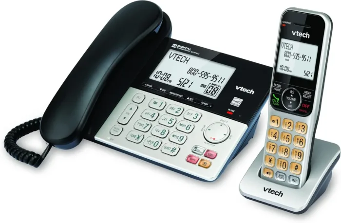 VTech VG208 DECT 6.0 Corded/Cordless Phone for Home with Answering Machine, Call Blocking, Caller ID, Large Backlit Display, Duplex Speakerphone, Intercom, Line-Power(Silver/Black)