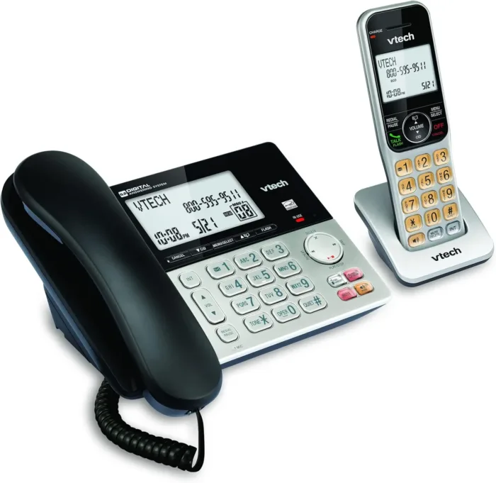 VTech VG208 DECT 6.0 Corded/Cordless Phone for Home with Answering Machine, Call Blocking, Caller ID, Large Backlit Display, Duplex Speakerphone, Intercom, Line-Power(Silver/Black)