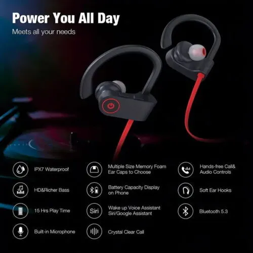 Waterproof Bluetooth 5.0 Earbuds Stereo Sport Wireless Headphones in Ear Headset