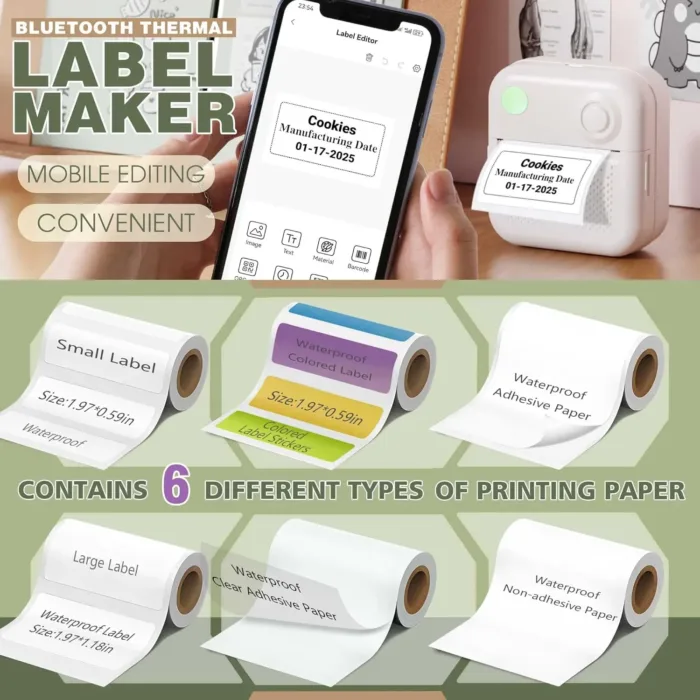 Label Maker Machine with 6 Waterproof Tapes, Thermal Label Maker, Portable Mini Bluetooth Label Printer with Clear Tape for Home, Kitchen, School, Office Organization - Image 3