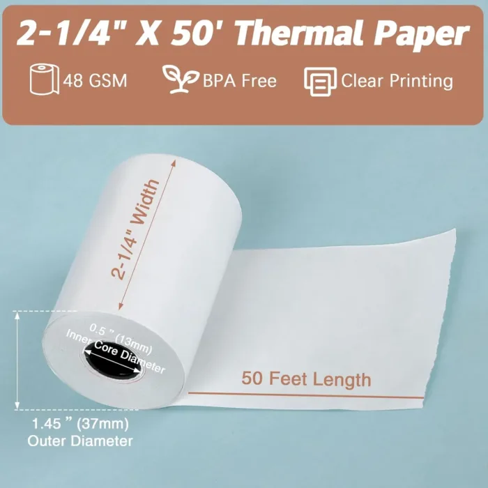 (5 Rolls) 2 1/4 x 50 Thermal Receipt Paper Rolls, POS Cash Register Paper Rolls, BPA Free 2.25x50ft Long Per Thermal Paper Receipt